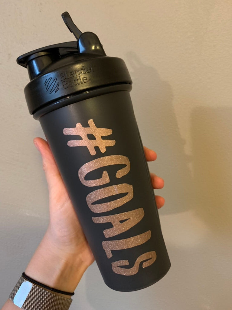 Black BlenderBottle with Rose Gold #GOALS decal applied