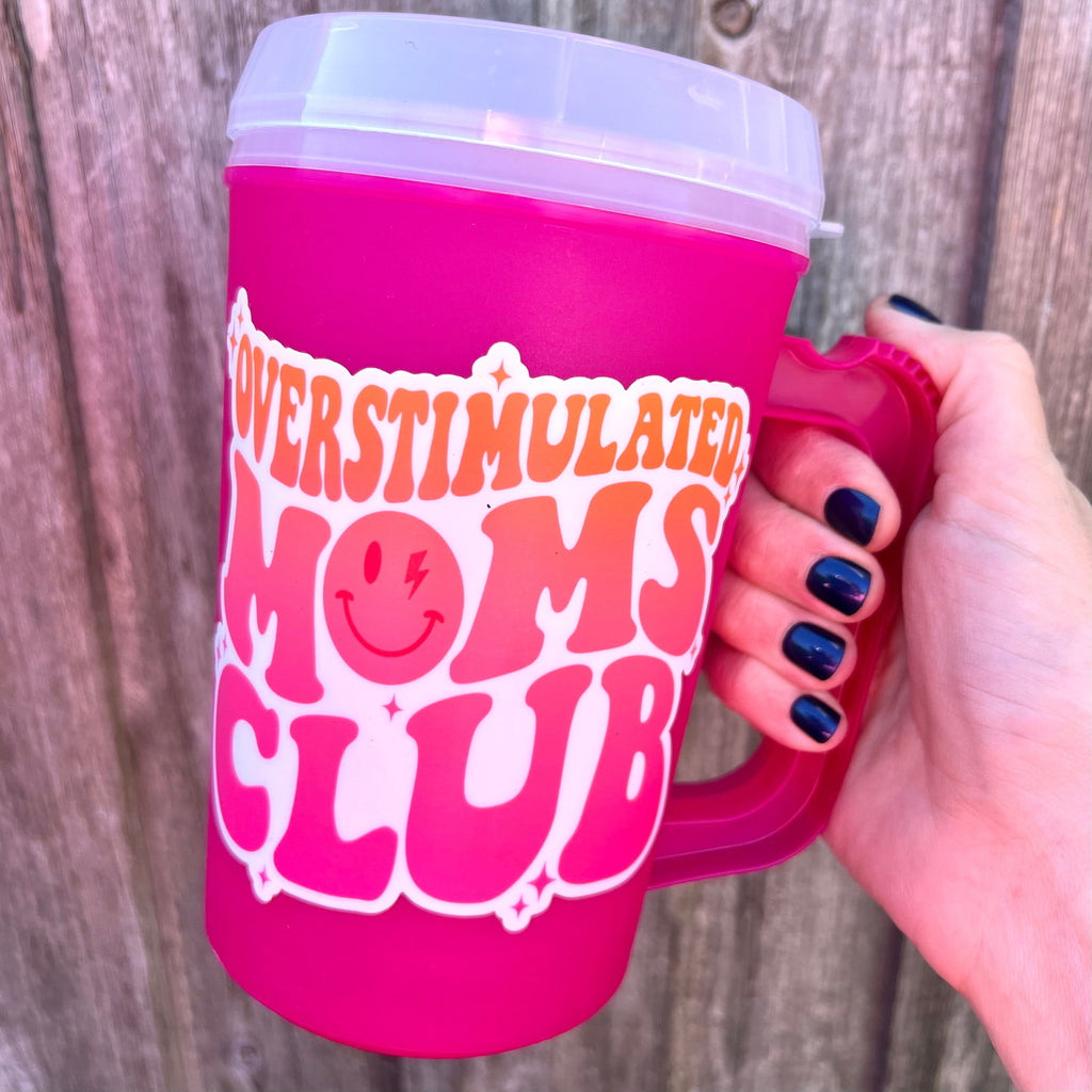 OVERSTIMULATED MOMS CLUB Mega Mug 22oz - Retro- Thermos Mug - Flower Pink Summer Beach Trip Mothers Day Mama Cat Mom Dog Mom Hospital Cup