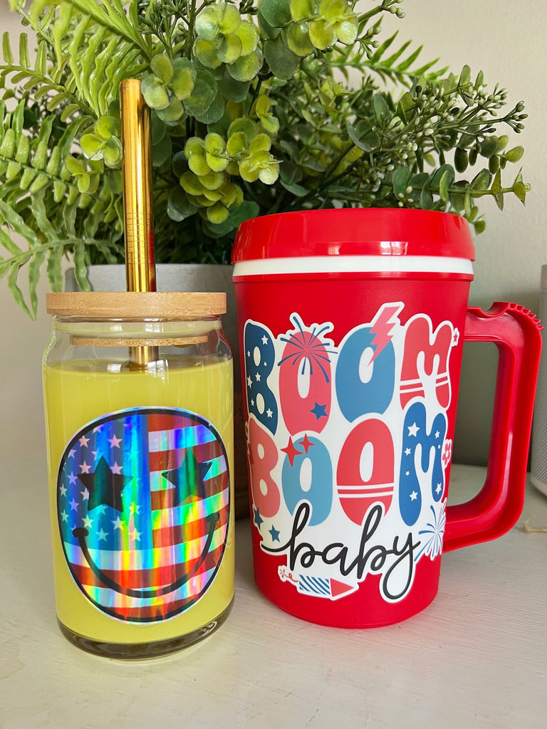 USA flag smiley holographic sticker- 4th of July Independence Day Cute Full color Sticker - Sticker Only or Cup Options