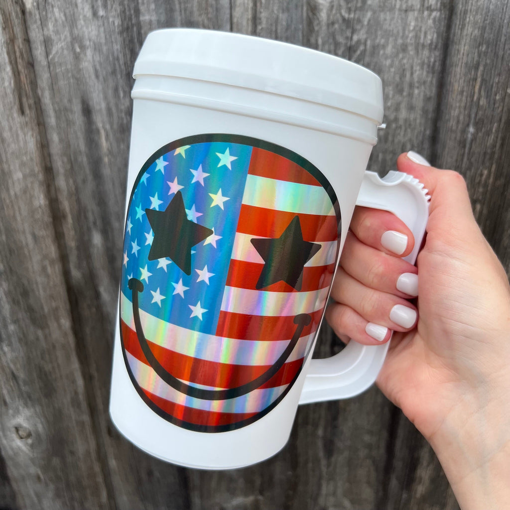 USA flag smiley holographic sticker- 4th of July Independence Day Cute Full color Sticker - Sticker Only or Cup Options