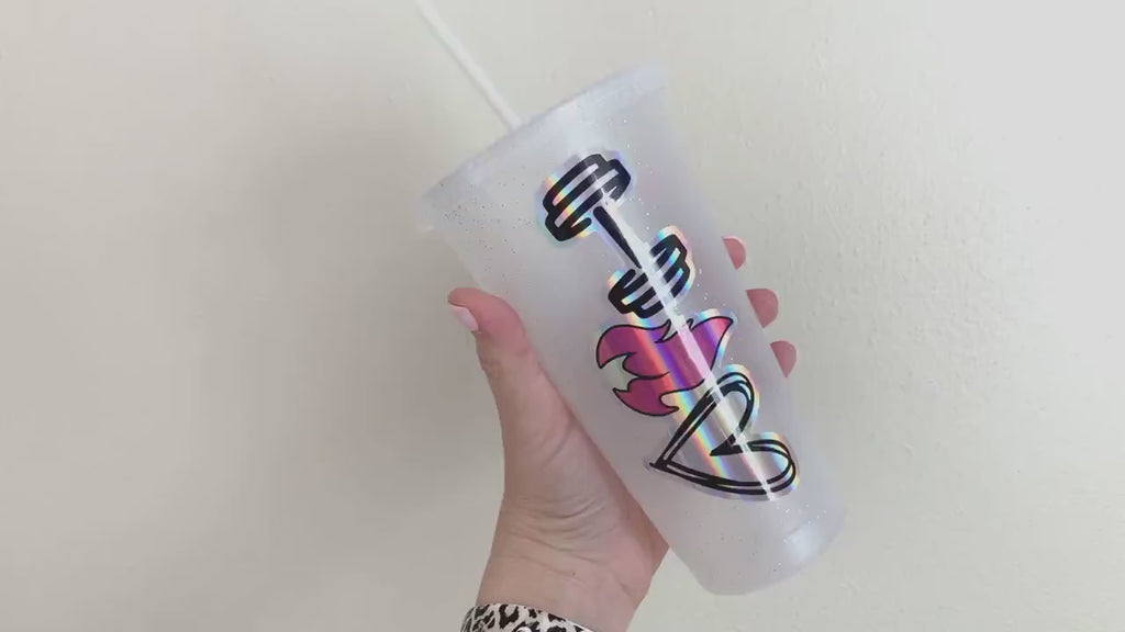 Dumbbell Flame Heart Holographic Vinyl Sticker - Beachbody Coach - Energize Decals -MBF - Cup NOT included