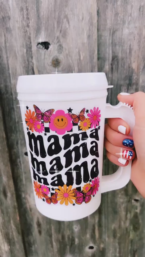 OVERSTIMULATED MOMS CLUB Mega Mug 22oz - Retro- Thermos Mug - Flower Pink Summer Beach Trip  Mothers Day Mama Cat Mom Dog Mom Hospital Cup