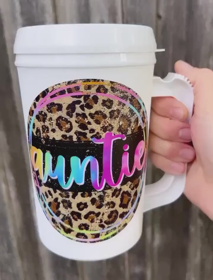 AUNTIE Mega Mug 22oz Retro- Thermos Mug -leopard Pink Summer Beach Trip  Mothers Day Mama Auntie Aunt gift Baby announcement sister SIL gift