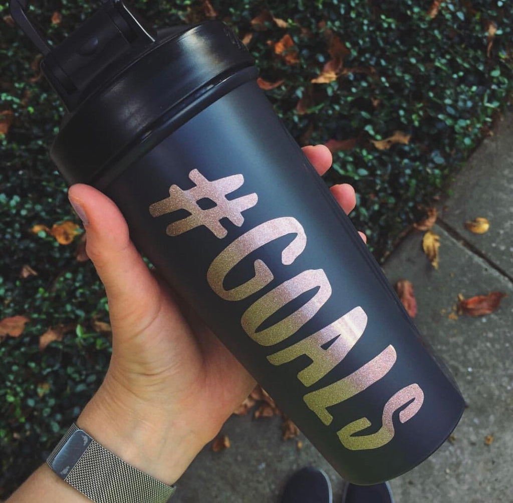 Black BlenderBottle with Rose Gold #GOALS decal applied