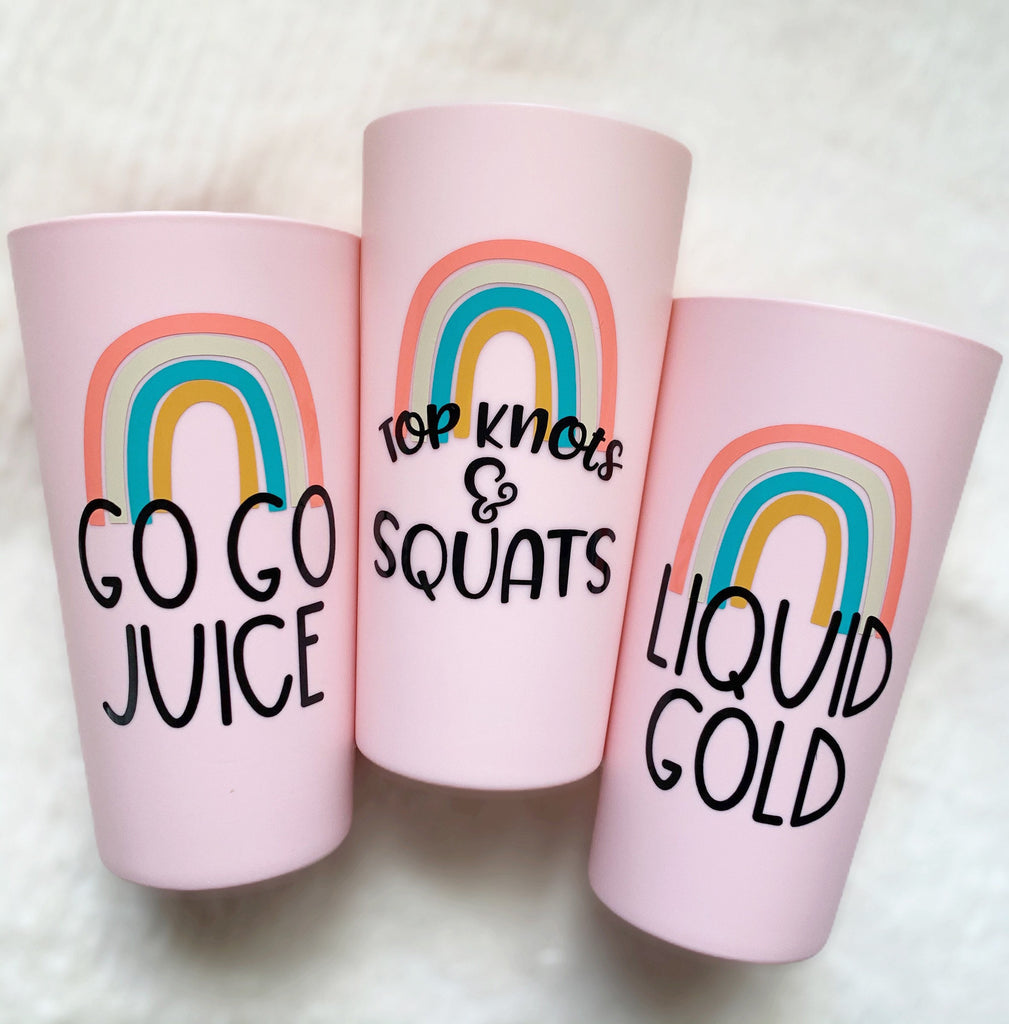 Go Go Juice/ Liquid Gold/ Top Knots & Squats Boho Rainbow Blush Tumbler