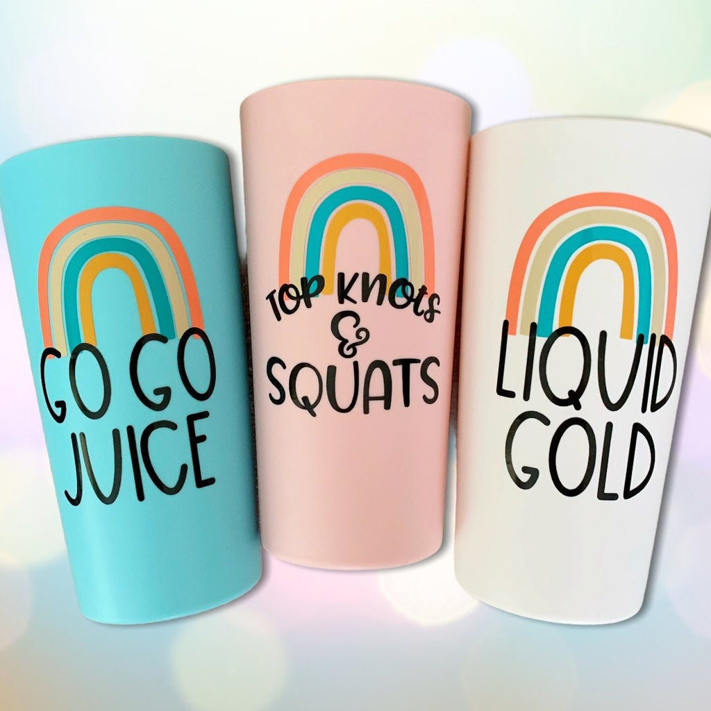 Go Go Juice/ Liquid Gold/ Top Knots & Squats Boho Rainbow Blush Tumbler