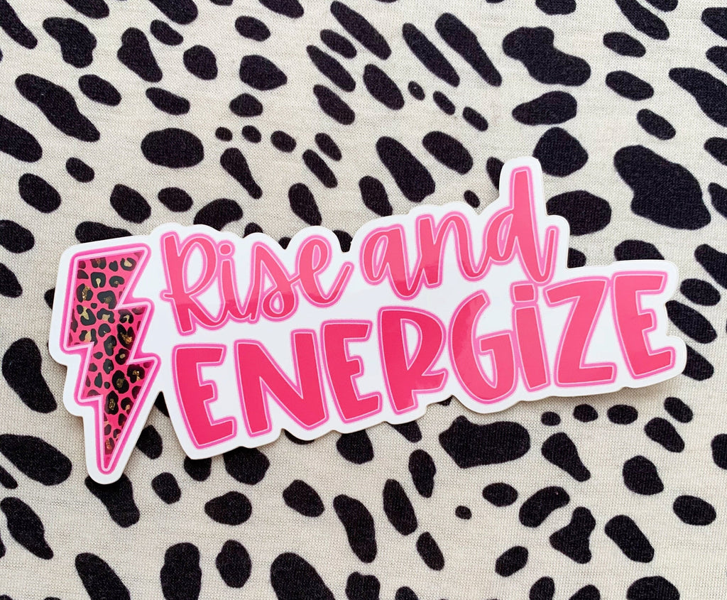 Rise and Energize Neon Pink Leopard Print Lightning Bolt Vinyl Sticker sized for Shakers or Cold Cup -- Energize Decal - Cup NOT included