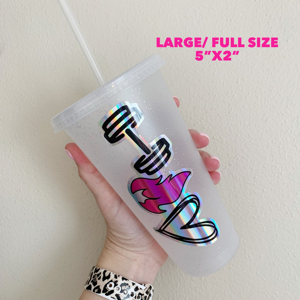 Dumbbell Flame Heart Holographic Vinyl Sticker - Beachbody Coach - Energize Decals -MBF - Cup NOT included