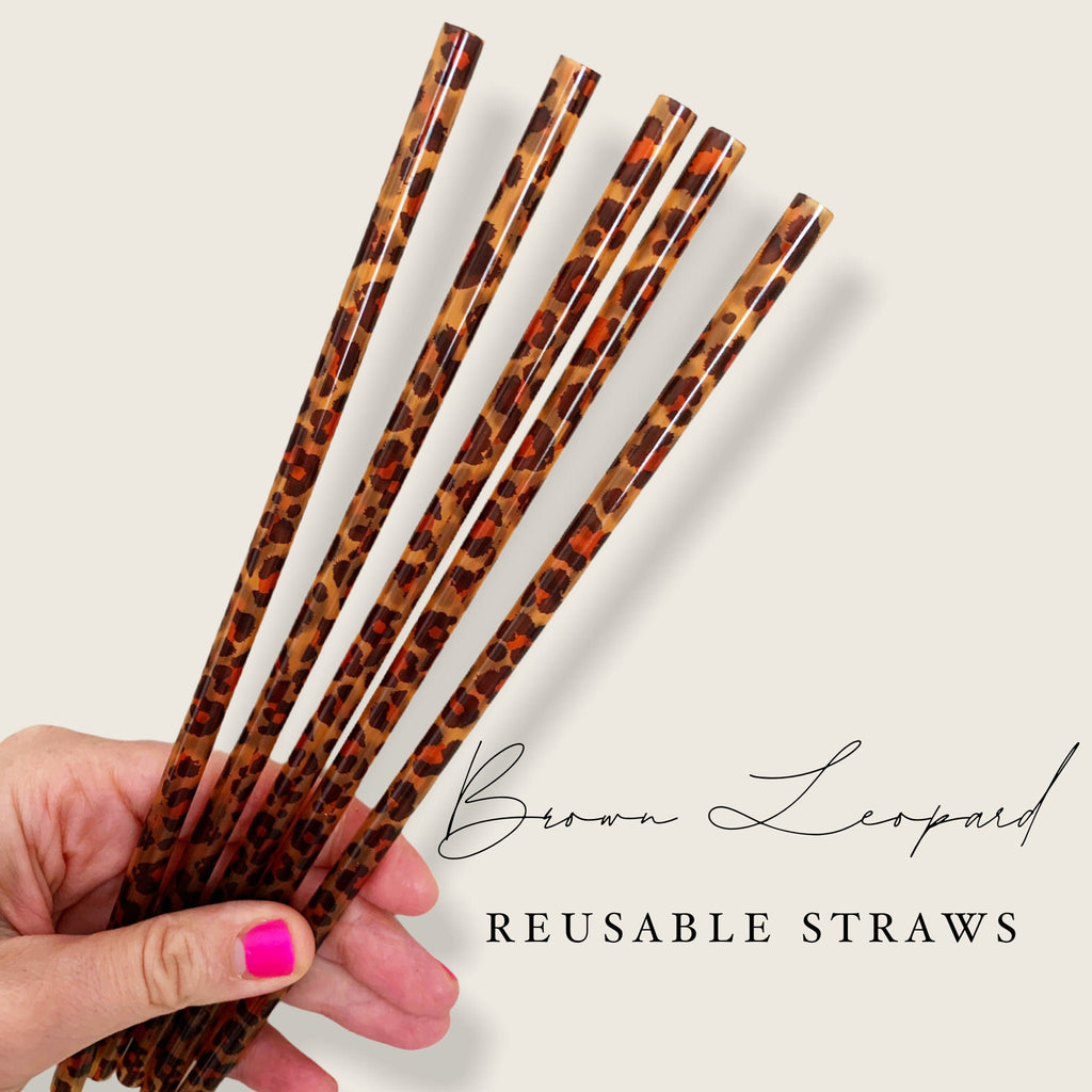 Brown Leopard Reusable Straw - 9 inches long - Cold Cup Straw- Leopard Brown Black Party Straw Washable Leopard Straw