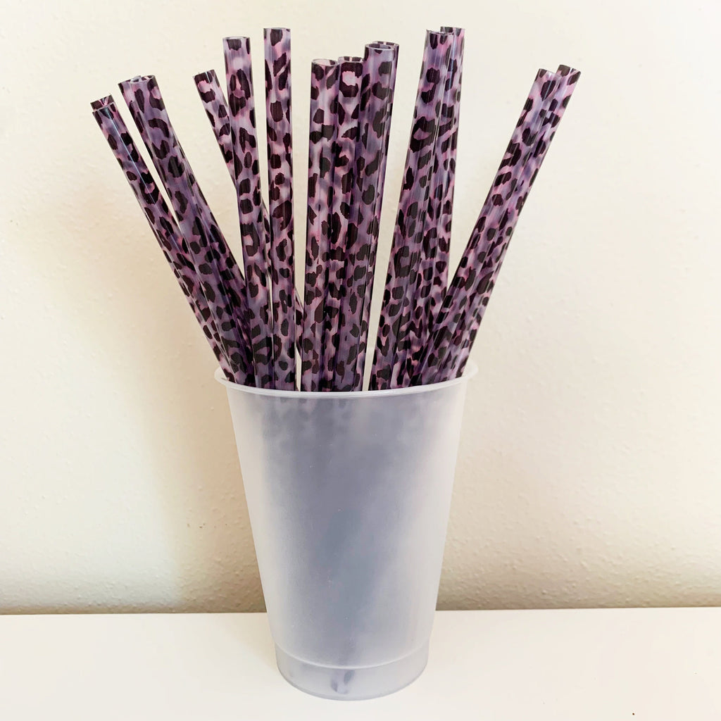 Purple Black Pink Leopard Reusable Straw- 9 inches long - Cold Cup Straw- Leopard Print Cheetah Party Straw Washable