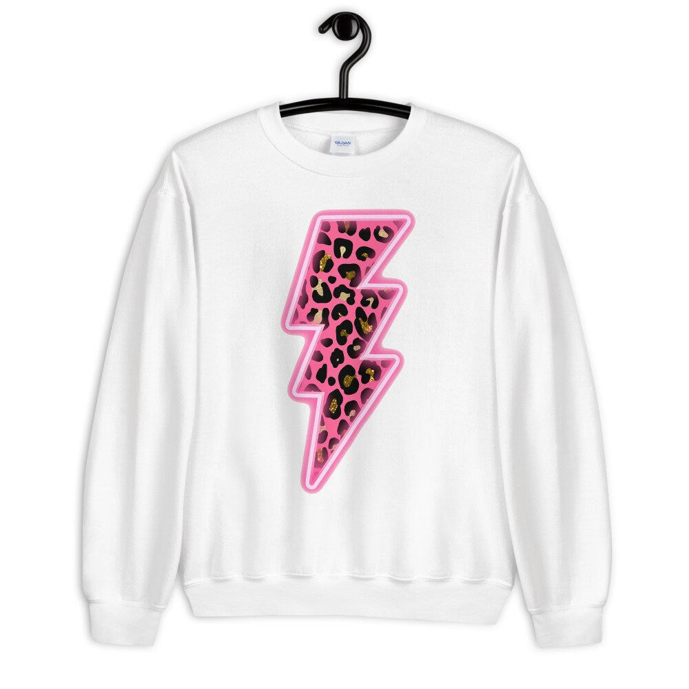 Leopard Lightning Bolt Crewneck Sweatshirt Light Pink Black or White - Matching Cup Available Gildan 18000 Unisex Sizing