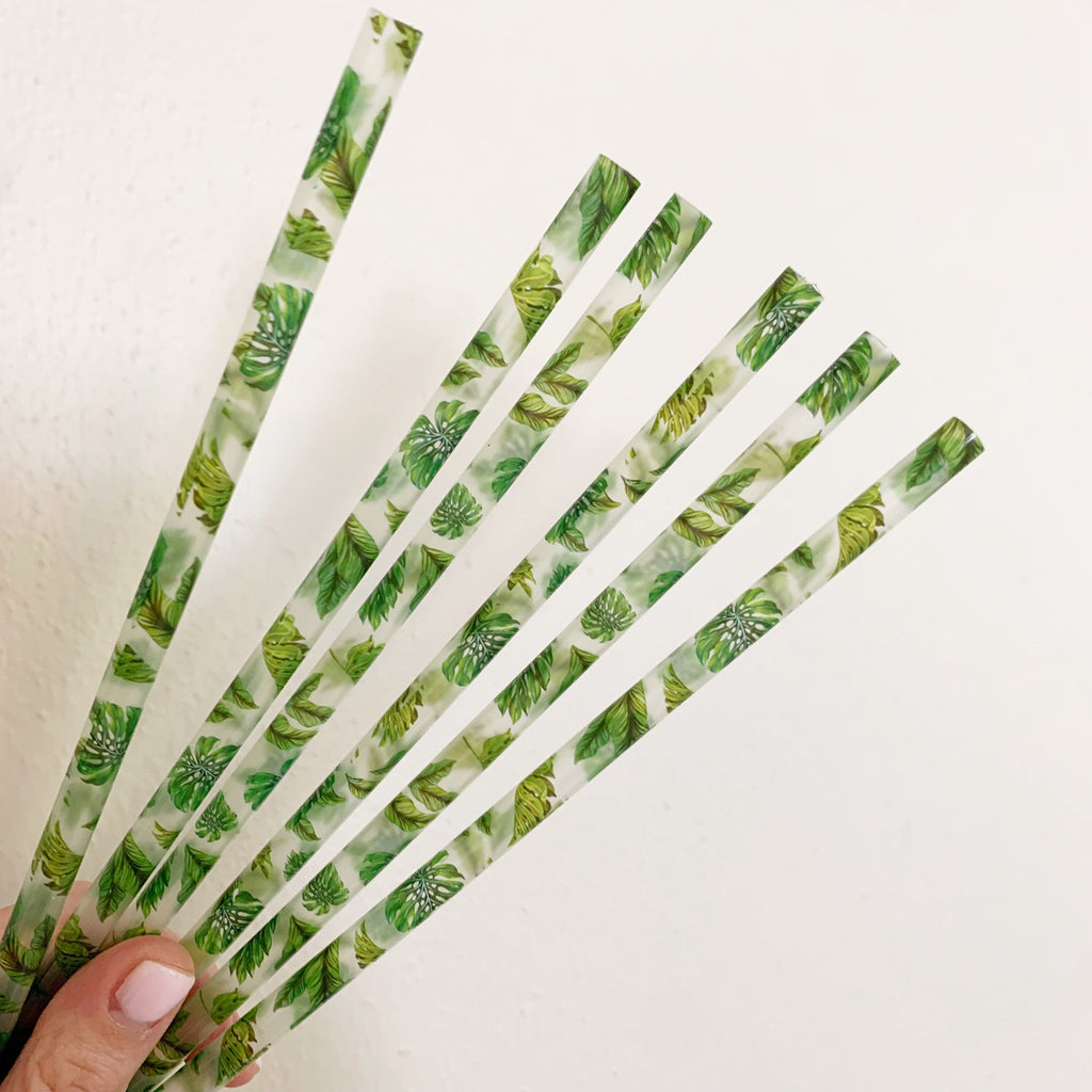 Tropical Leaf Reusable Straw- 9 inches long - Cold Cup Straw- Green Leaf Tropical Palm Party Straw Washable