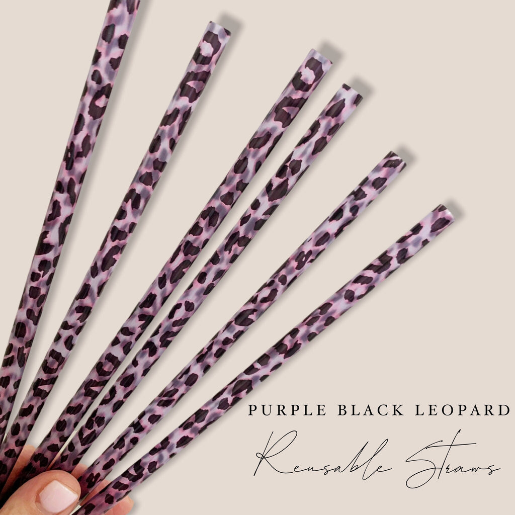 Purple Black Pink Leopard Reusable Straw- 9 inches long - Cold Cup Straw- Leopard Print Cheetah Party Straw Washable