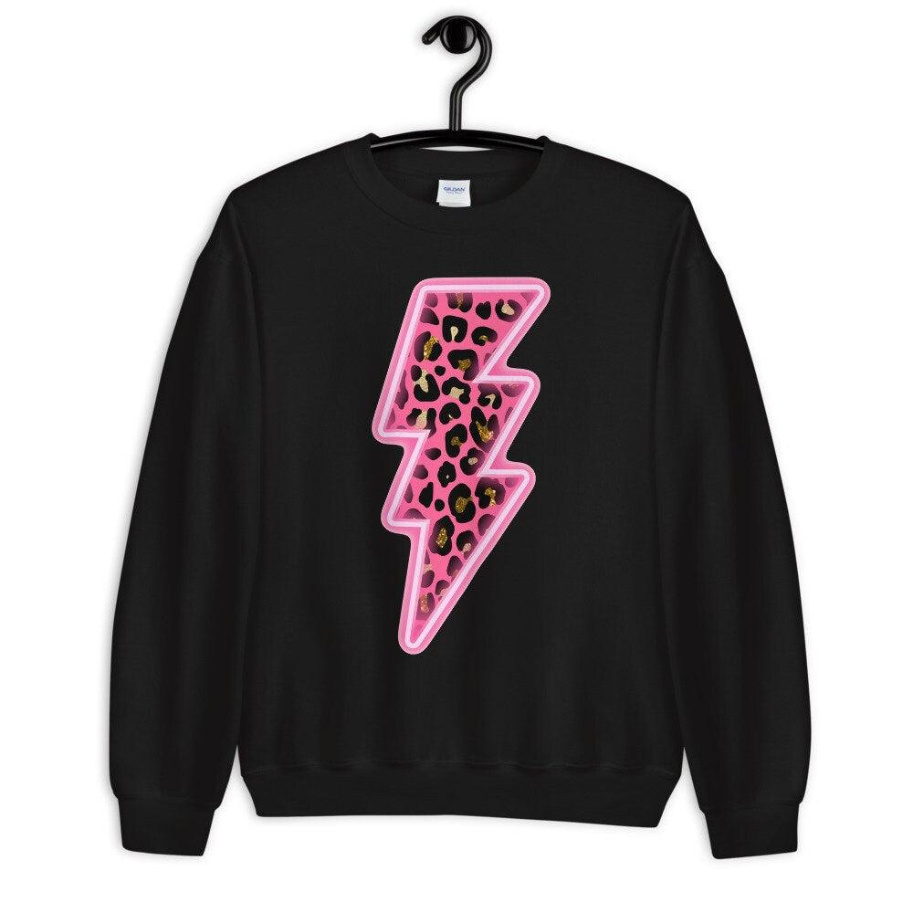 Leopard Lightning Bolt Crewneck Sweatshirt Light Pink Black or White - Matching Cup Available Gildan 18000 Unisex Sizing