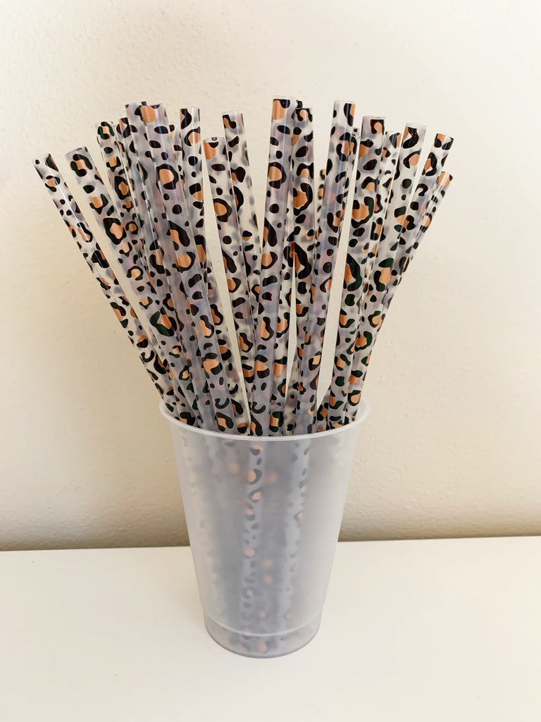 ORIGINAL Clear Leopard Reusable Straw - 9 inches long - Cold Cup Straw- Clear Leopard White Black Rose Gold Copper Party Washable Leopard