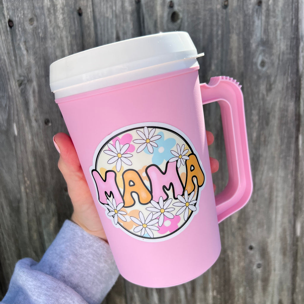 MAMA Retro Daisy Floral MEGA MUG 22oz Thermos Mug - Pink Summer Spring Break Sorority Mama Cat Mom Dog Mom Mug 90s vibes Mothers Day beach