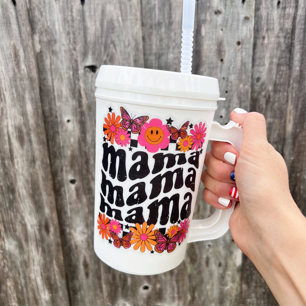 Groovy Mama Floral Retro Mega Mug 22oz Retro- Thermos Mug - Flower Pink Summer Spring Break Sorority Mama Cat Mom Dog Mom Mug 90s vibes