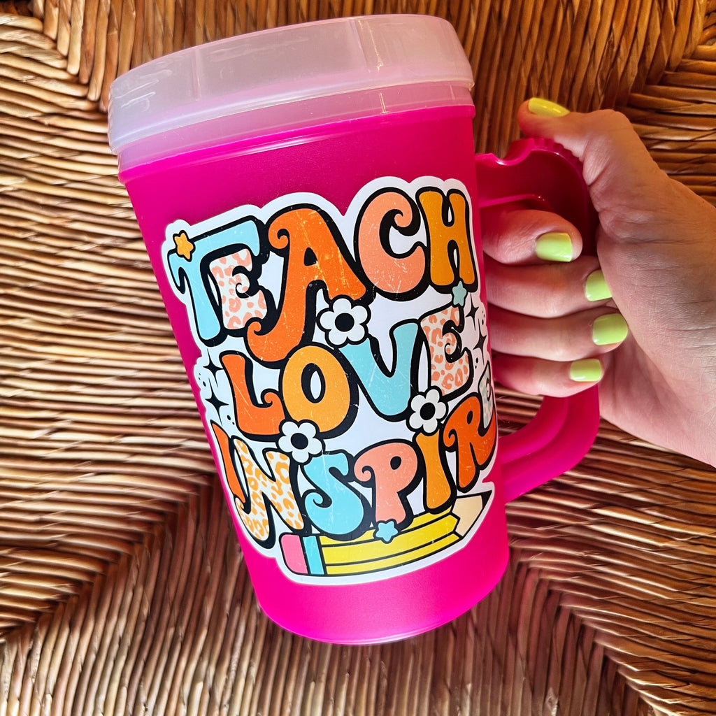 Teach Love Inspire Retro MEGA MUG 22oz Thermos Mug - Pink Back to School Mug 90s vibes Mothers Day beach Leopard Teacher Gift