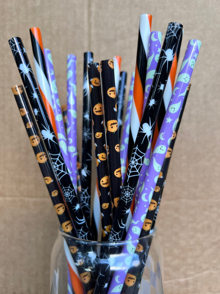 October Swirl Reusable Straws 10 inches long - Cold Cup Straw- Halloween Straw- Libbey Glass Straw- Spooky Season Pumpkin Spice Ghost Web