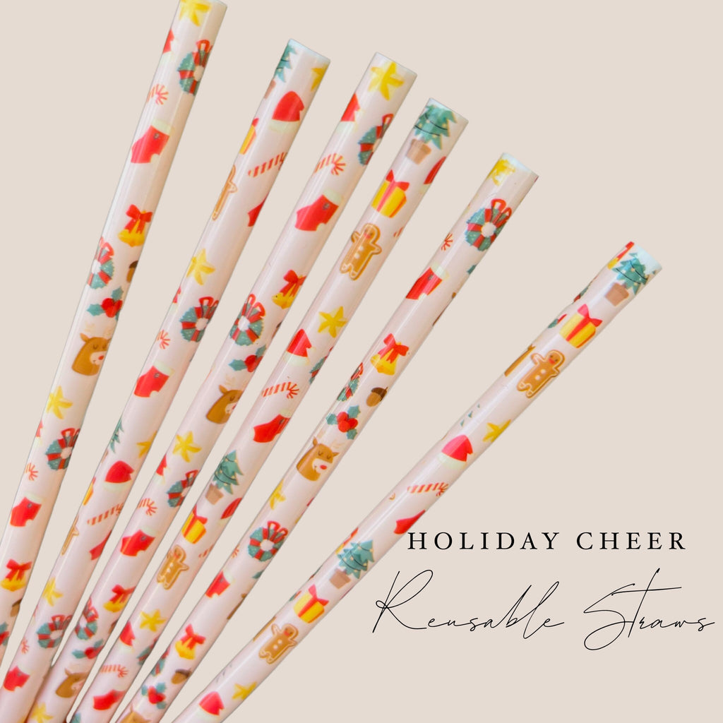 Holiday Cheer Reusable Straws - 9 inches long - Cold Cup Straw- Christmas Straw Holidays Red White Candy Cane Stripe