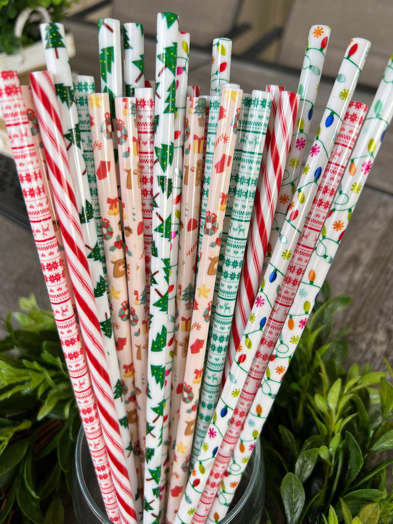 Mixed Set Christmas Reusable Straws - 9 + 9.5 inches long - Cold Cup Straw- Christmas Straw Holidays Red White Candy Cane Stripe