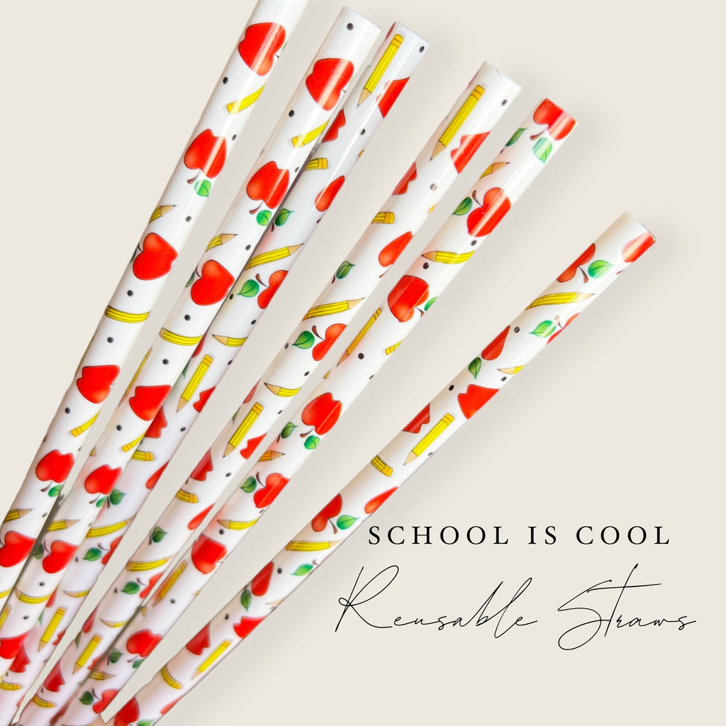 School is Cool Reusable Straws - 9.5 inches long - Cold Cup Straw- Plastic Straw - washable - teacher gift - school supplies straws - Apple