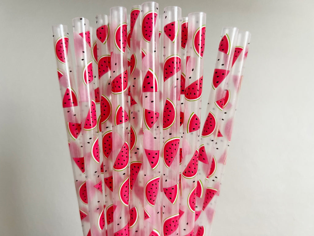 Watermelon Reusable Straws - 9.5 inches long - Cold Cup Straw- Plastic Straw - washable - Summer 2023- Spring Break - clear with pink