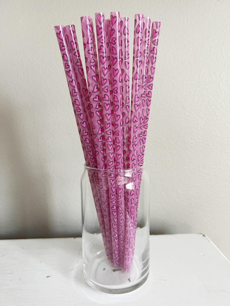 Pink Hearts Reusable Straws - 9.5 inches long - Cold Cup Straw- Plastic Straw - washable - Summer 2023- Spring Break - Valentines Galentines