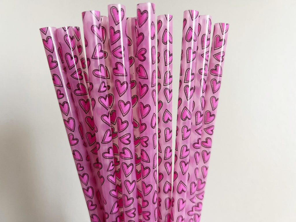 Pink Hearts Reusable Straws - 9.5 inches long - Cold Cup Straw- Plastic Straw - washable - Summer 2023- Spring Break - Valentines Galentines