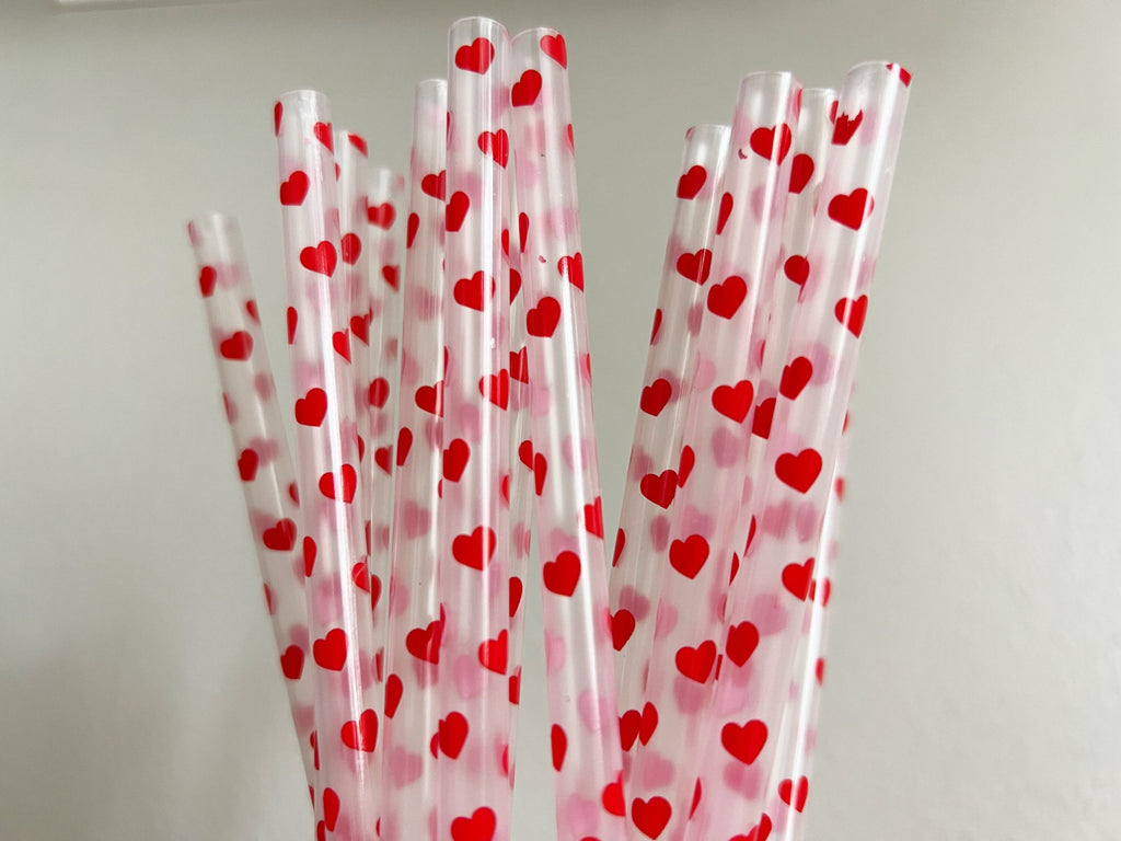 Clear/ Red Hearts Reusable Straws - 9 inches long - Cold Cup Straw- Plastic Straw - washable - 2023- Spring Break - Valentines Galentines