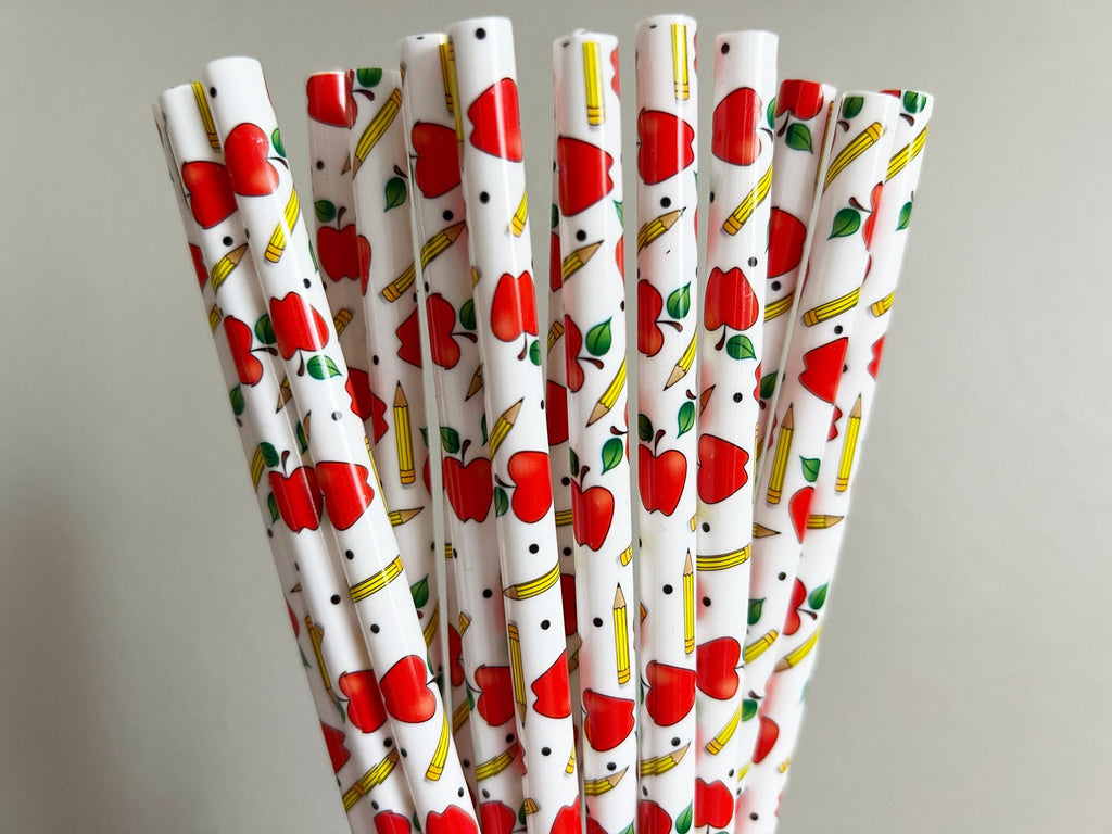 School is Cool Reusable Straws - 9.5 inches long - Cold Cup Straw- Plastic Straw - washable - teacher gift - school supplies straws - Apple