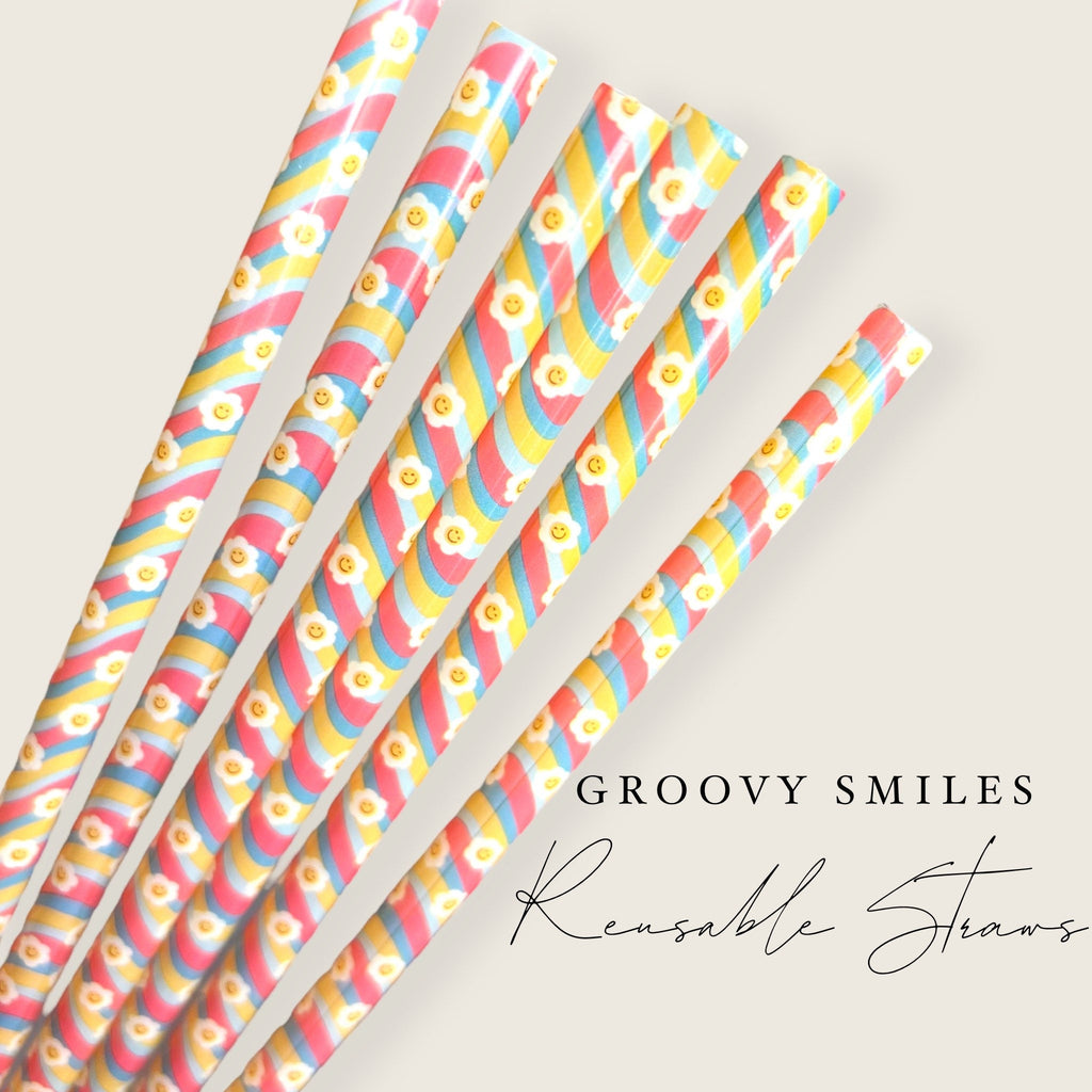 Groovy Smiles Straws - 9.5 inches long - Cold Cup Straw- Plastic Straw - washable - Summer 2023- Spring Break - Daisy Smiley Face - 90s