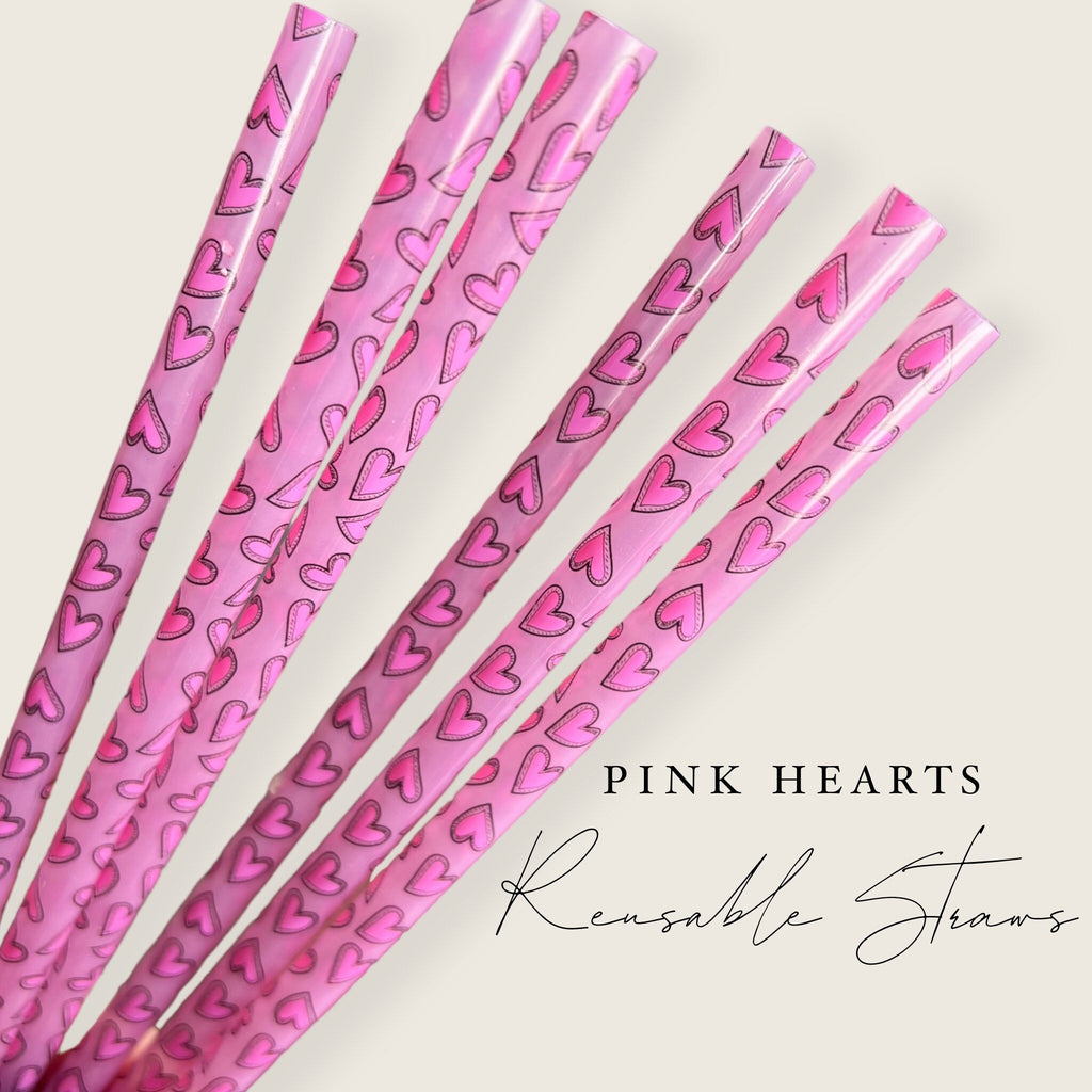 Pink Hearts Reusable Straws - 9.5 inches long - Cold Cup Straw- Plastic Straw - washable - Summer 2023- Spring Break - Valentines Galentines