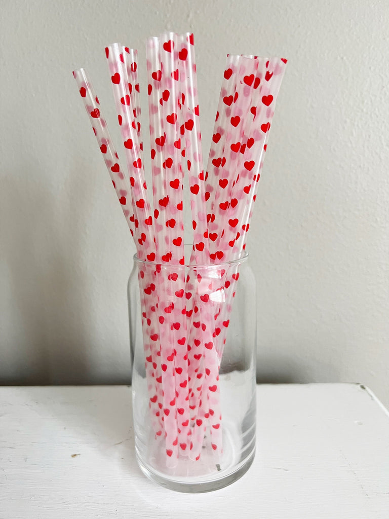 Clear/ Red Hearts Reusable Straws - 9 inches long - Cold Cup Straw- Plastic Straw - washable - 2023- Spring Break - Valentines Galentines