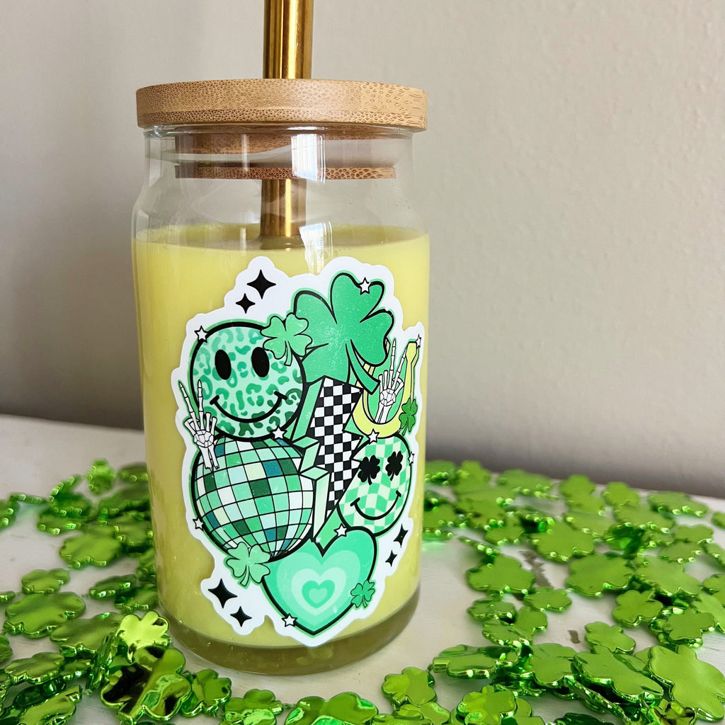 Smiley Shamrocks St. Patrick’s Full color Sticker - Sticker Only or Cup Options - Smiley Face Cute- lucky charm