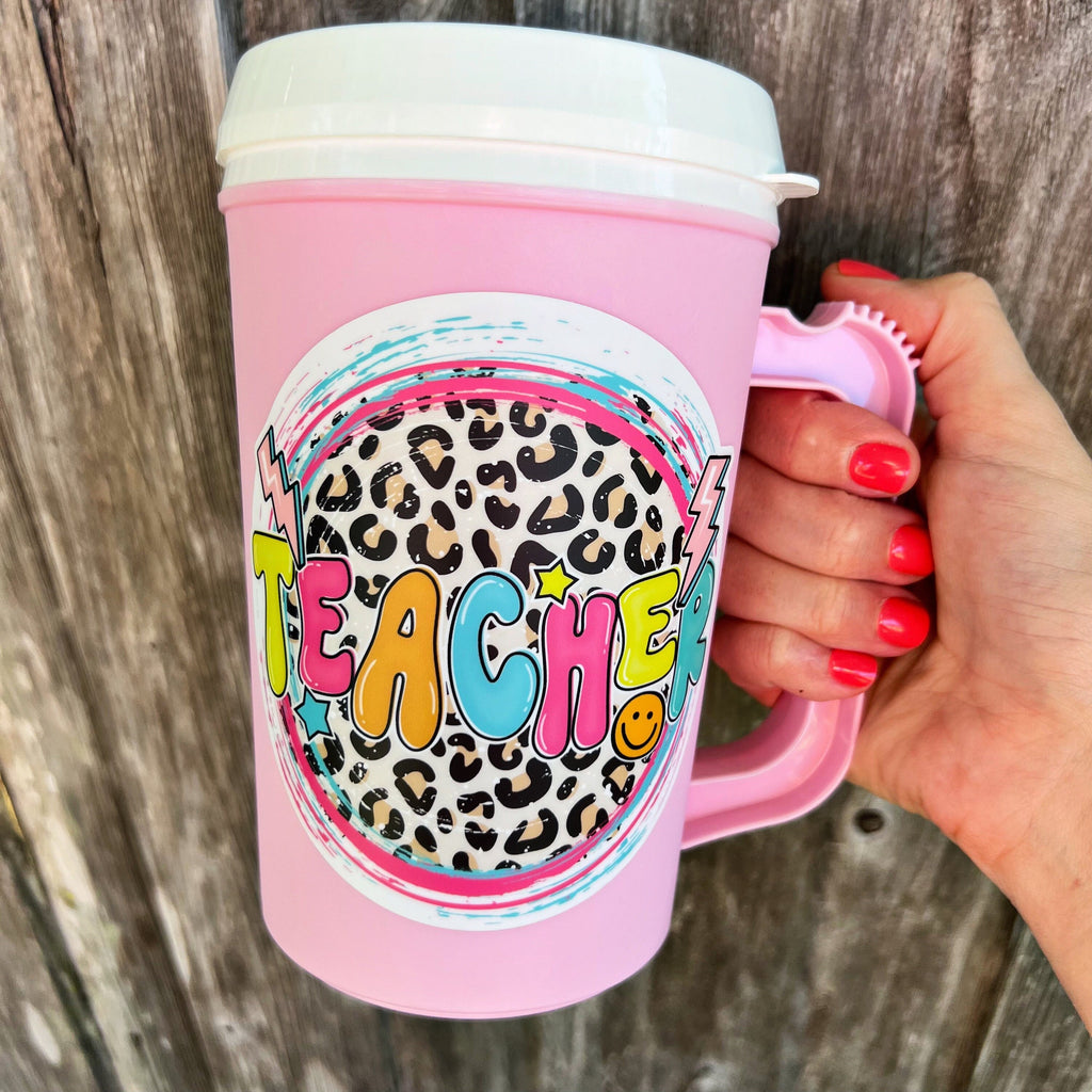 TEACHER leopard print colorful Retro MEGA MUG 22oz Thermos Mug - Pink Back to School Mug 90s vibes Mothers Day beach Leopard Teacher Gift