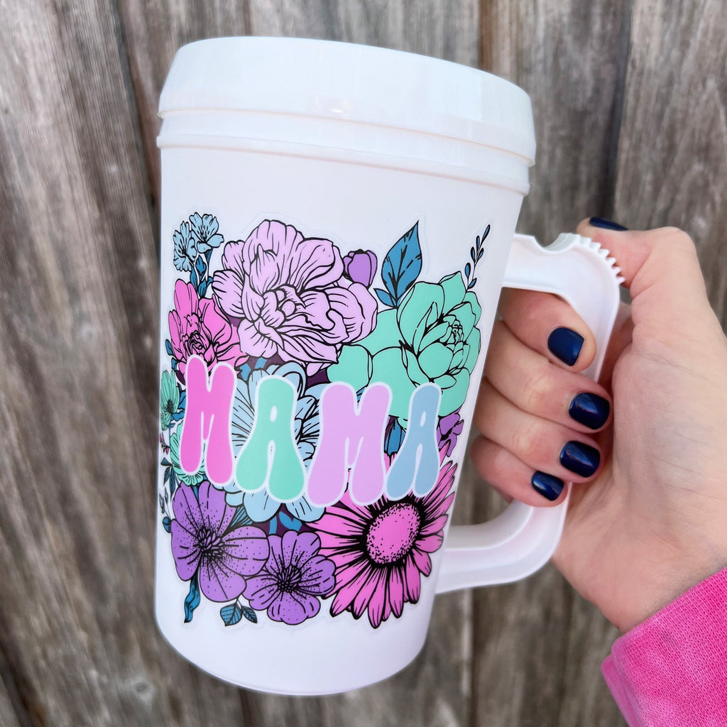 Floral MAMA Mega Mug 22oz Retro- Thermos Mug - Flower Pink Summer Beach Trip Mothers Day Mama Cat Mom Dog Mom Mug 90s vibes