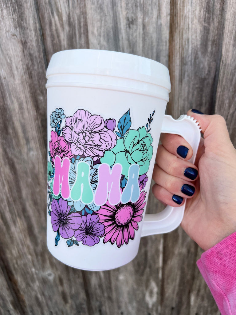 Floral MAMA Mega Mug 22oz Retro- Thermos Mug - Flower Pink Summer Beach Trip Mothers Day Mama Cat Mom Dog Mom Mug 90s vibes