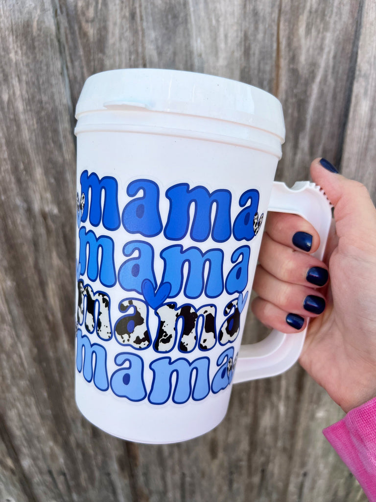 MAMA Blue/Cow print Mega Mug 22oz - Retro- Thermos Mug - Flower Pink Summer Beach Trip Mothers Day Mama Cat Mom Dog Mom Hospital Cup