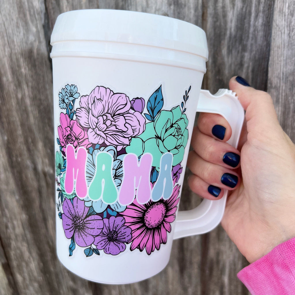 Floral MAMA Mega Mug 22oz Retro- Thermos Mug - Flower Pink Summer Beach Trip Mothers Day Mama Cat Mom Dog Mom Mug 90s vibes