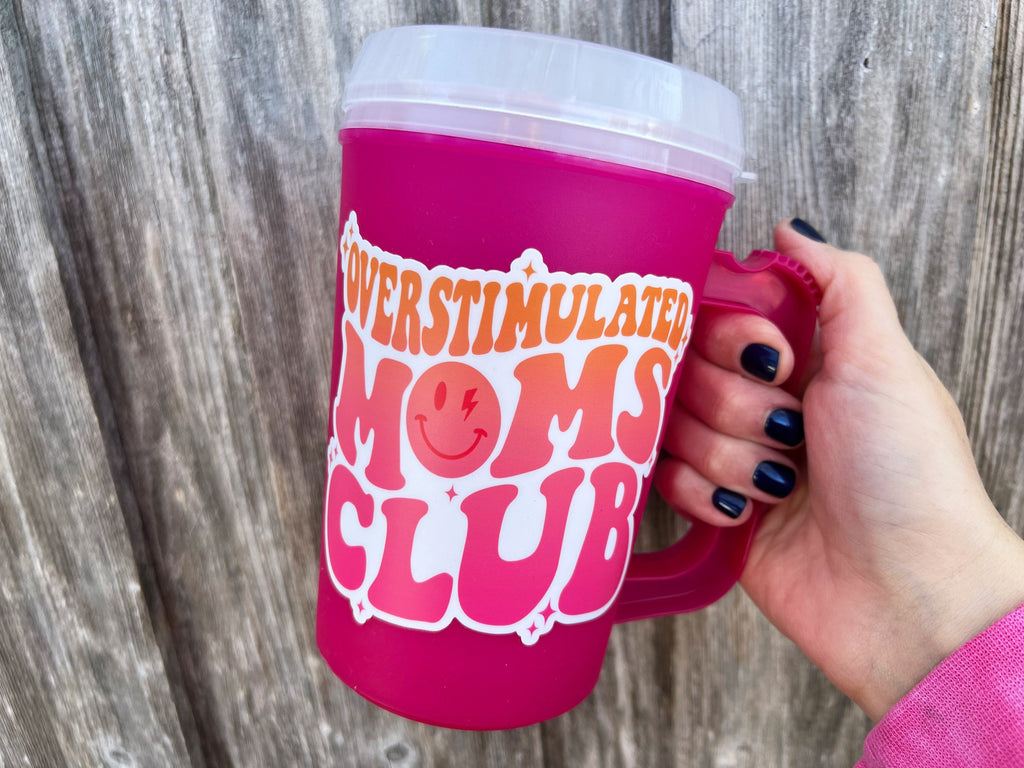 OVERSTIMULATED MOMS CLUB Mega Mug 22oz - Retro- Thermos Mug - Flower Pink Summer Beach Trip Mothers Day Mama Cat Mom Dog Mom Hospital Cup