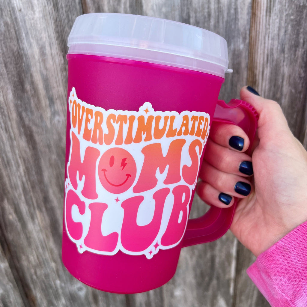 OVERSTIMULATED MOMS CLUB Mega Mug 22oz - Retro- Thermos Mug - Flower Pink Summer Beach Trip Mothers Day Mama Cat Mom Dog Mom Hospital Cup