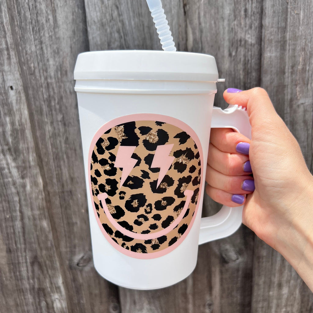 Leopard Blush Lightning Smiley Face 22oz Retro Thermos Mug - Leopard Pink Summer Spring Break Sorority - Trucker Mug 90s vibes