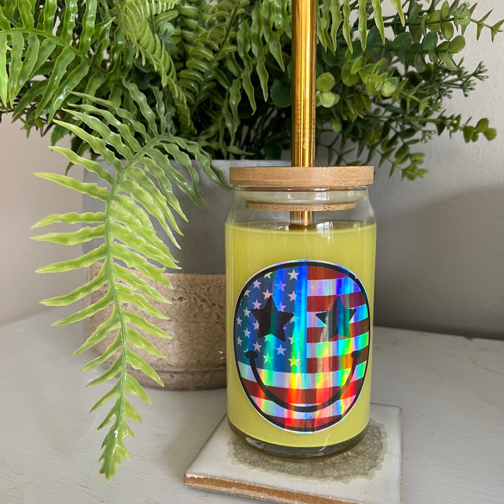 USA flag smiley holographic sticker- 4th of July Independence Day Cute Full color Sticker - Sticker Only or Cup Options