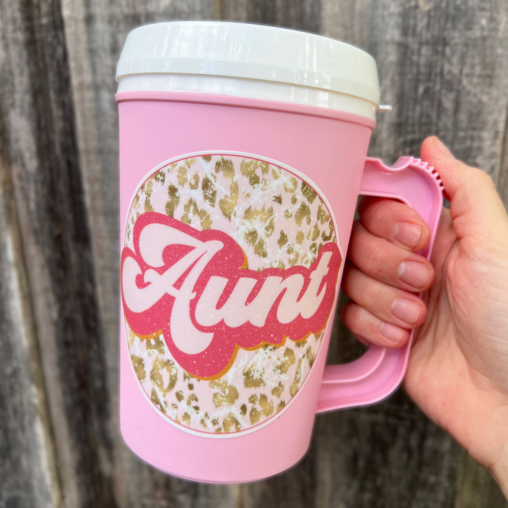 AUNT Mega Mug 22oz Retro- Thermos Mug -leopard Pink Summer Beach Trip Mothers Day Mama Auntie Aunt gift Baby announcement sister SIL gift