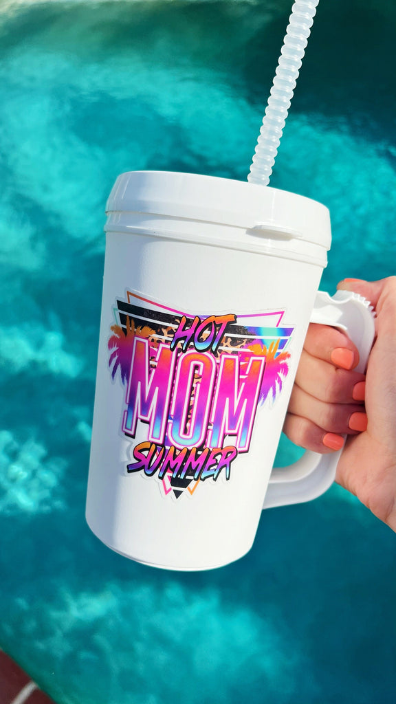 HOT MOM SUMMER Beach Retro Mega Mug 22oz Retro Thermos Mug - Pink Summer Spring Break Sorority Mama Mom Dog Mom Mug