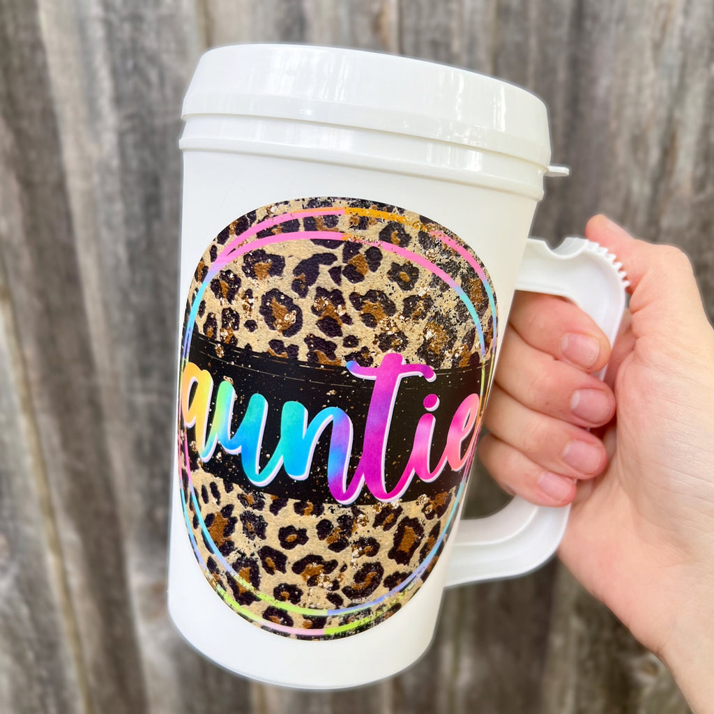 AUNTIE Mega Mug 22oz Retro- Thermos Mug -leopard Pink Summer Beach Trip Mothers Day Mama Auntie Aunt gift Baby announcement sister SIL gift