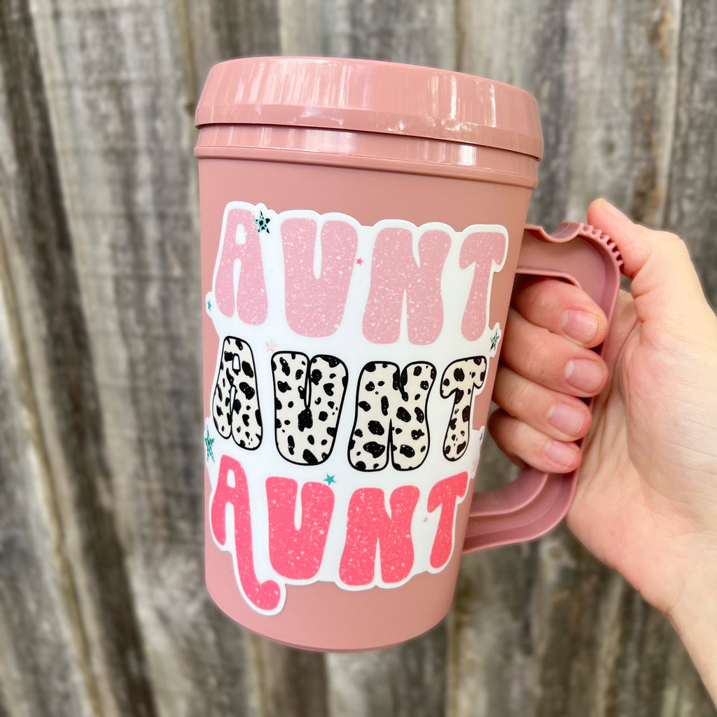 AUNT AUNT AUNT Mega Mug 22oz Retro- Thermos Mug -leopard Pink Summer Beach Trip Mothers Day Mama Auntie Aunt gift Baby sister sil gift