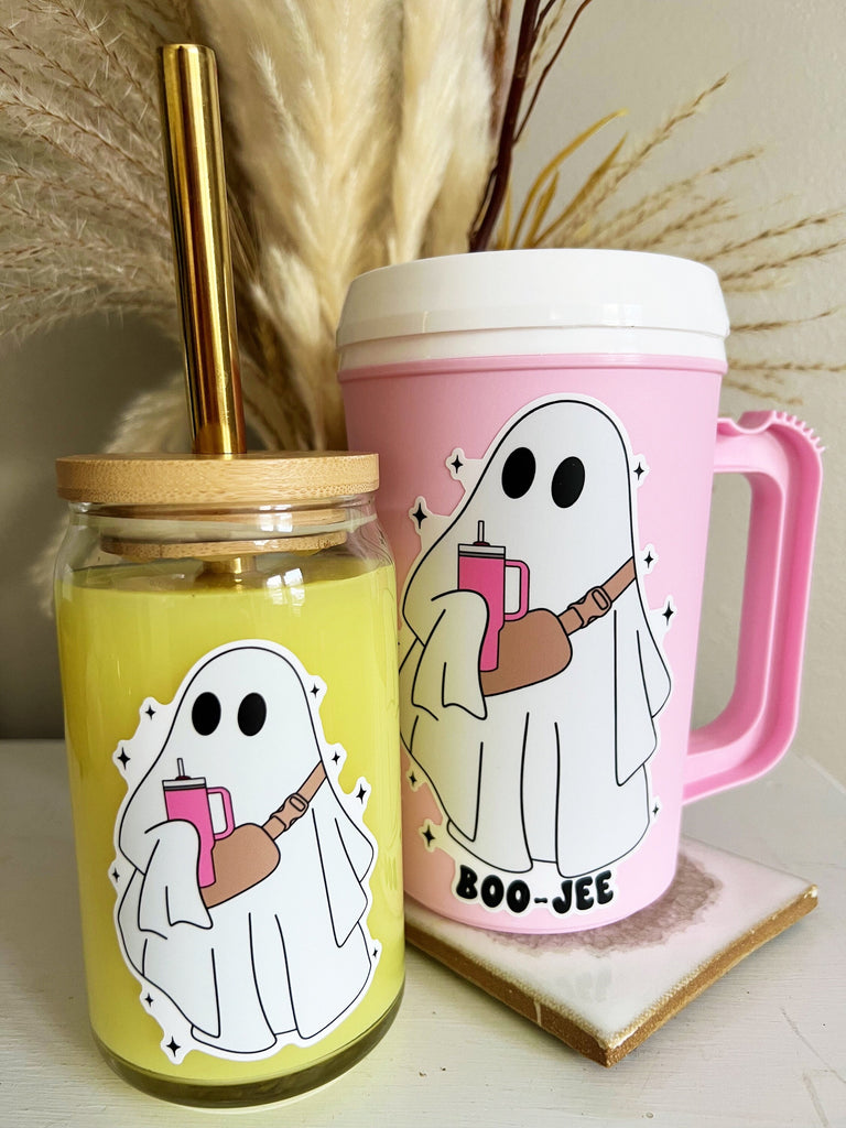 Basic Ghoul/ BOOJEE Babe Cute Ghost Cup - Boho Cute Full color Sticker - Sticker Only or Cup Options - Smiley Face Cute Halloween Fall 2023