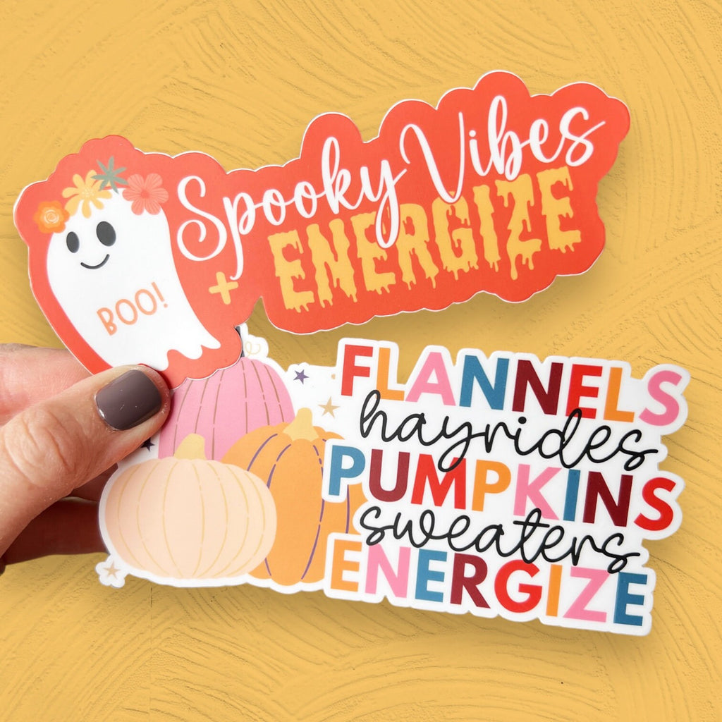 FALL Things + Energize Full Color Sticker - Halloween Fall 2023-- for Cold Cup, Shaker Bottle, Mega Mug or Sticker Only- Cute Pumpkins